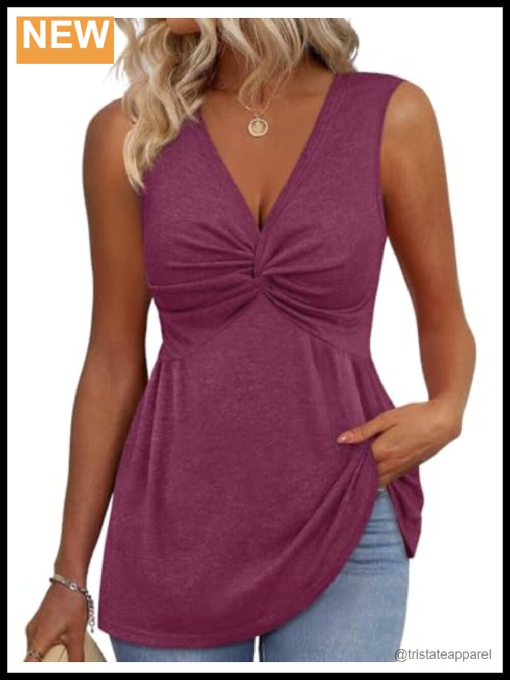 Womens Babydoll Tank Top Twist Front Peplum Sleeveless Deep V Neck Blouse